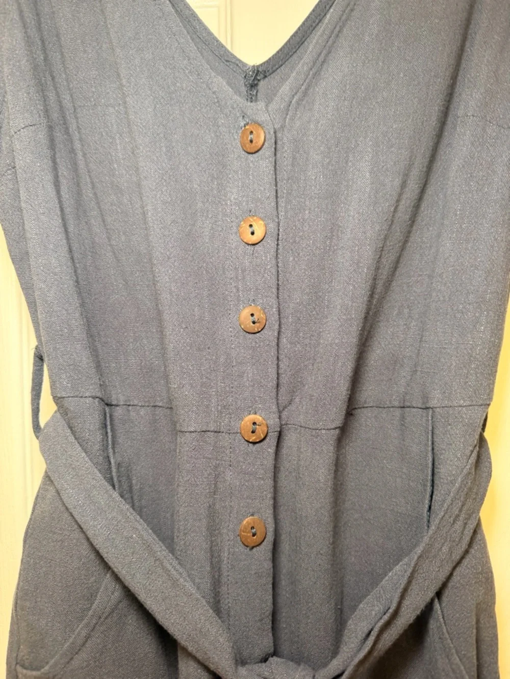 VICI Linen Blend Romper Blue Button Front Tie Waist Pocketed Boho Summer Small - Picture 4 of 11